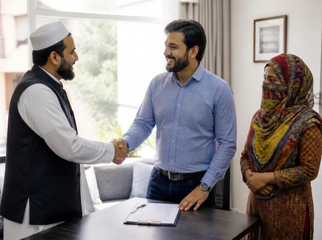 Family and domestic worker completing a placement agreement at home
